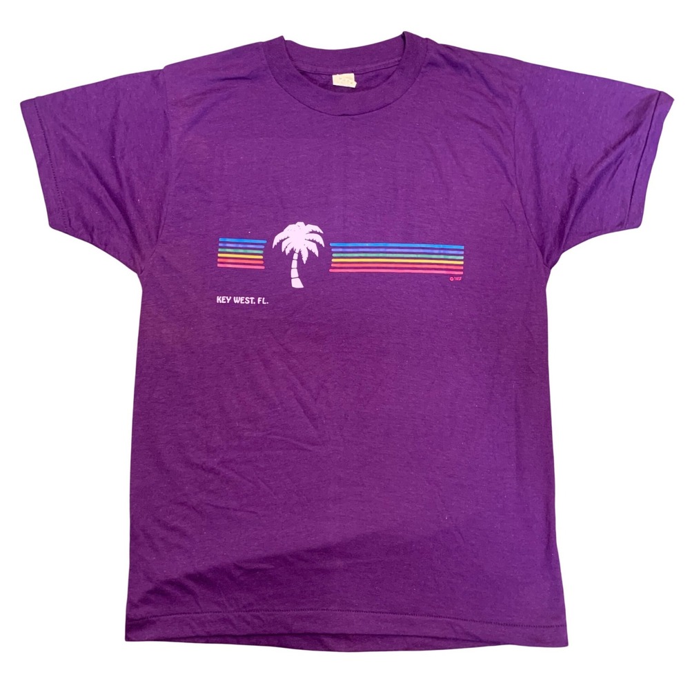 Vintage Screen Stars Key West Florida Purple T-Shirt Palm Tree Rainbow 80s L